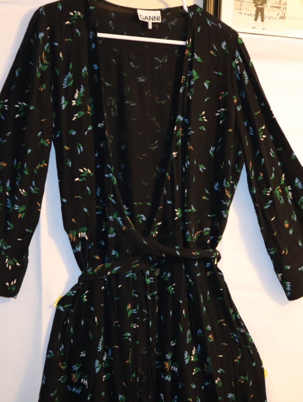 GANNI Printed Crepe Wrap Dress Verdant Green Floral Size 38 USA 6 - Picture 10 of 13
